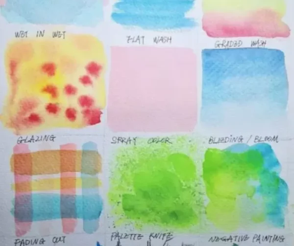 Examples of watercolour techniques such as wet on wet, wet on dry, blending, wash, mixing, salt