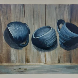 Watercolour painting of three blue cups resting on a wooden surface created by an adult student at Aliki’s Art House in Calgary