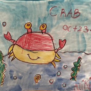 Children’s drawing of a smiling red crab underwater created in the ABCs of Drawing class for ages 4 and 5 at Aliki’s Art House in Calgary